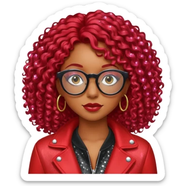 Sexyy red brown skin girl with red hair  black glasses long curly with glitter red jacket  sticker