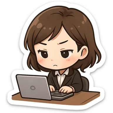 chibi style cute Asian lady with brown hair, concentrating on her work at a desk, with a keyboard and a laptop sticker