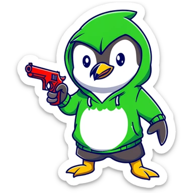 A cute half-dolphin half-penguin thug character with a gun, wearing a blood-splattered green hoodie and Dollar General shorts sticker