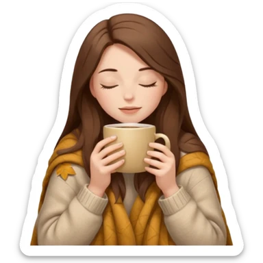 long brown hair woman closed eyes hiding under a cozy wool beige blanket, holding cup of coffee, autumn mood sticker