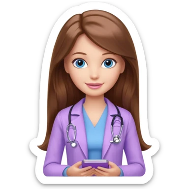 beautiful barbie girl with long brown hair, blue eyes and wearing light purple clothes watching doctor who sticker