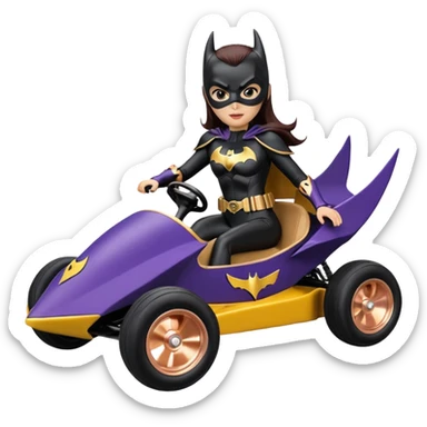 Hot full size real size-appearance electric road racing sexy BatGirl’s feminine midnight-colored tight outfit sixty’s tv show 1992 dark stealthy sporty safe plush petite off-road pursuit cruiser car rose gold accents (black hair,reclined and relaxed torso and shoulders seating position) go kart  sticker