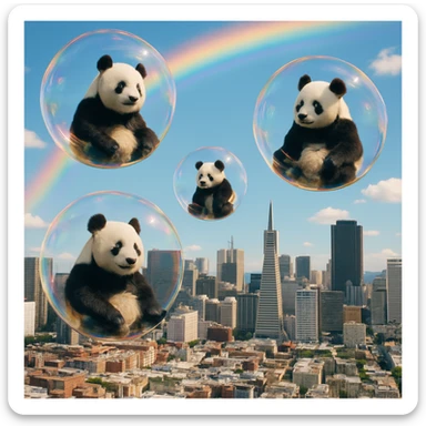 Cinematic still pandas bears sitting inside bubbles flying around San Francisco downtown, sunny summer day, happy vibe, colorfull surround, rainbow sticker