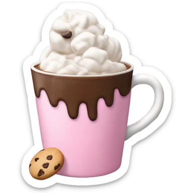 A pink cup of hot chocolate with whipped cream, marshmallows and a cookie in top sticker