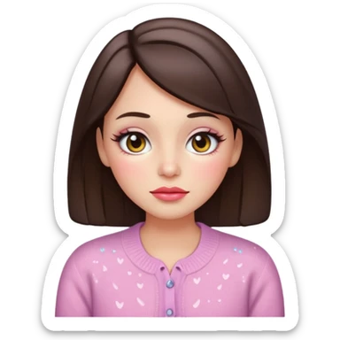 “Emoji brunette girl, dewy skin, heavy blush across cheeks and nose bridge, glossy cherry lips, soft eyeliner, teary sparkling eyes, pastel cardigan.” sticker