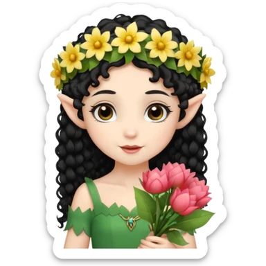 tiny Elf with Flower Crown, curley hair black, with flower bouquet sticker