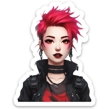 Gorgeous bright colorful neon gothic techwear anime style lady with blushing face aesthetic and pretty edgy black red punk messy hair with collar and harness trending style sticker
