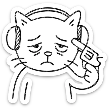 tired sad cat with headphones and gun, hand drawn outlined icon sticker