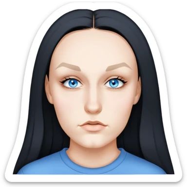 female, wearing grey sweatshirt, long black hair, bleached eyebrows sticker
