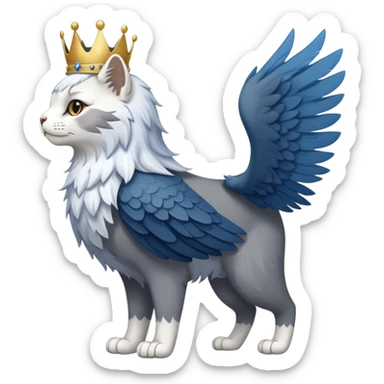 A side view of a standing, slender cat with eagle wigs, a white crown, and blue and grey fur sticker
