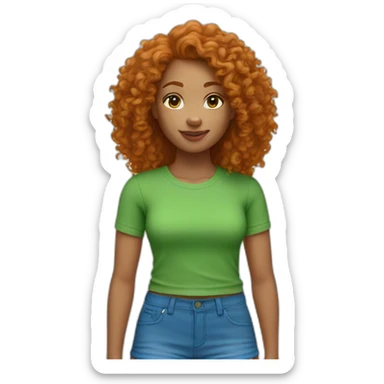 Curly Ginger woman, green crop top, blue shorts, light skin sticker