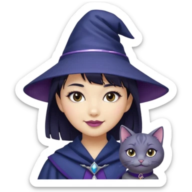 an asian short haired girl with short raven hair with bangs, with her silver left eye and dark brown right eye, with cat-eyed eyeliner, and grinning with her tiny fang of mauve toned lipstick, with dark navy wizard hat with an emblem on her hat. sticker