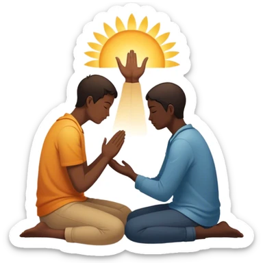A silhouette of a person sitting with their head down, surrounded by two souls—one offering a hand and another radiating warmth, symbolizing kindness. A soft light behind them represents hope, unseen but present. 🌅 sticker