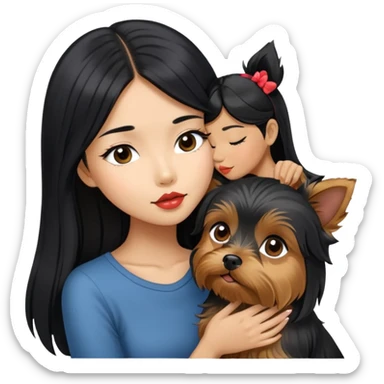 A beautiful Asian girl with long black kissing her yorkshire terrier sticker