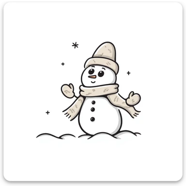 A cute snowman with scarf and winter accessories in pastel colors (dd9fb0, ffc6d3, a3bfc9, c4bee2, f1b091), hand-drawn doodle style sticker