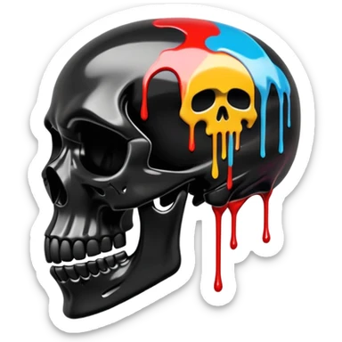 glossy black skull with street style colorful graffiti drips and iconic sports brand logos, side profile sticker
