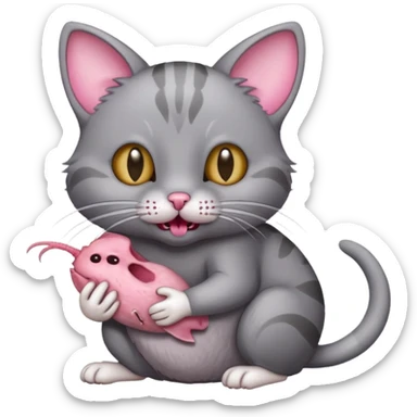 A cat with a gray dead mouse in its mouth sticker