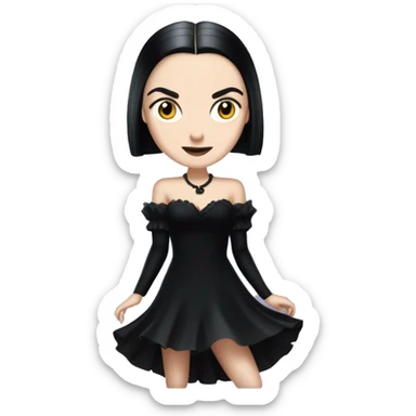 wednesday addams dancing with werewolves. high beauty face. short black flowing strapless evening gown with  plunging neckline that’s off-the-shoulders that also shows her legs and black shiny velvet high heel shoes. sticker