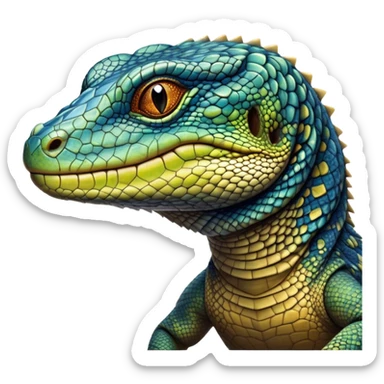 Cinematic Noble Monitor Lizard Portrait Emoji, Poised and regal, with a robust, scaled body exhibiting striking, mottled patterns and piercing, alert eyes, Simplified yet sharp and sophisticated features, highly detailed, glowing with a soft, earthy glow, high shine, intelligent and formidable, stylized with an air of ancient wilderness, focused and commanding, soft glowing outline, capturing the essence of a watchful and confident reptilian guardian that appears ready to stride out of the screen with effortless authority! sticker
