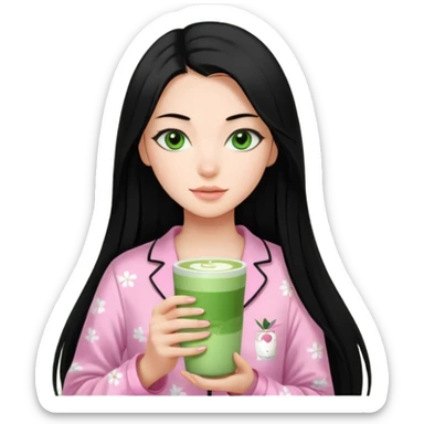 a 18 year old woman pin straight long black hair green eyes pink Victoria secret pjs with matcha sticker