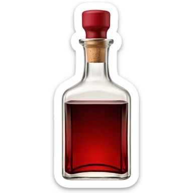 balsamic vinegar bottle, elegant glass, dark brown to ruby, round or square base, slender neck, cork or metallic cap, dark glass, reflections, 3D clean style, transparent background, optimized for emoji size sticker