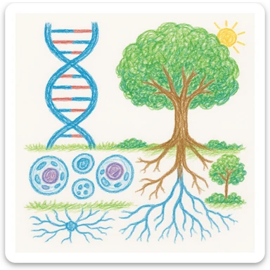 A realistic biological illustration (like in a school book) showing: DNA strands transitioning into a tree, cells with visible organelles, neurons connected to plant roots  and a balanced ecosystem background . Seamless integration, no labels or borders, complete white background (not off white!), detailed but minimalist.  sticker