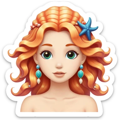 mermaid with seashells in hair, starfish earrings sticker