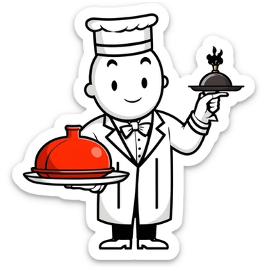 A butler holding a platter with an old-fashion bomb on it with the letters FO on the bomb sticker