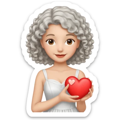 silvery curly/wavy shoulder-length hair smiling lady holding a heart sticker