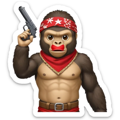 A gorilla holding a gun in the air with a bandana  sticker