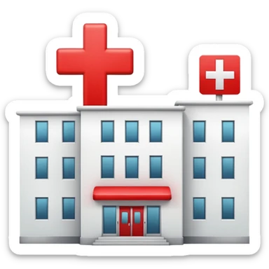 A hospital building with a large red +. In PNG format. sticker