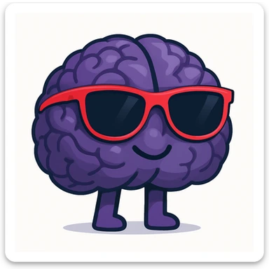 Combine the 3D emoji brain with black sunglasses and the vibrant toon style brain with black sunglasses into one emoji. Use a white background. Keep the cool black sunglasses and vibrant colors from the vibrant toon style, blending the 3D emoji brain's shape with the vibrant toon style's color vibrancy and style. sticker