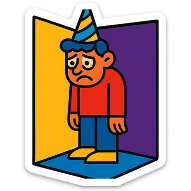 a sad partygoer wearing a party hat, standing alone in a corner, feeling forsaken, vibrant toon style sticker