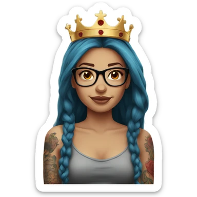Beautiful girl, long red hair, tattoos, glasses and a crown sticker