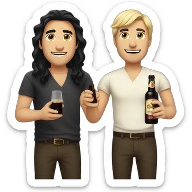 two men, one with long black hair, one with short blonde hair, both holding a bottle of fernet sticker