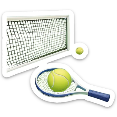 A tennis racket and a ball placed on the ground, with a tennis court in the background. The court lines and net are visible, emphasizing the structure and focus of the sport, creating a dynamic and energetic vibe. sticker