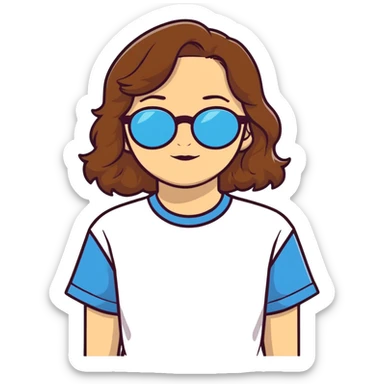 girl with blue eyes and waivy brown hair with golden glasses wearing a big t-shirt sticker