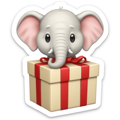 A white elephant popping out of a gift box sticker