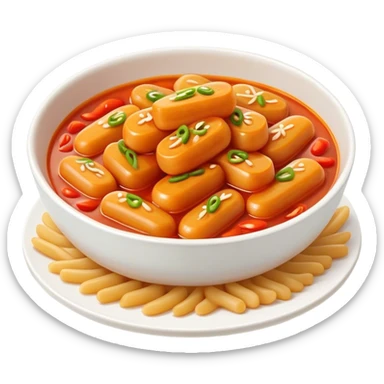 Cinematic Realistic Tteokbokki Dish Emoji, showcasing spicy, chewy rice cakes in a fiery sauce rendered with lifelike detail and bold, dynamic lighting. sticker