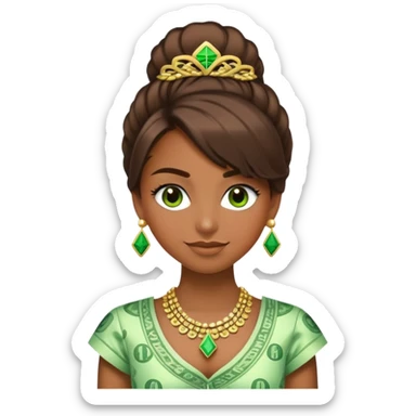 A girl whose hair and clothing is made of green money, and her eyelashes are made of dollar signs. Half her face is smiling and the other is frowning. The side that is frowning has the money hair and clothes and dollar sign eyelashes, and the side that is smiling has nice brown hair and eyelashes and fancy clothes and jewelry. sticker