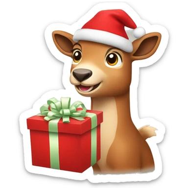 happy smiling brown chamois holding red gift sticker
