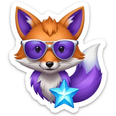 A cool fox with purple-blue fur, a glowing tail, a silver star on its forehead, and round glasses replaced by stylish sunglasses, looking confident. 🦊😎 sticker