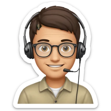 smiling young Italian man, focused, wearing glasses and small headphones, data analyst sticker