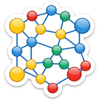 Several different symbols (graph, drawing, abstract form) connected by thin lines into a single structure that emphasizes interaction. sticker