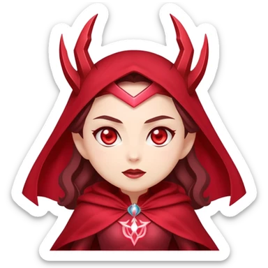 "A chibi-style Scarlet Witch emoji with glowing red eyes and a mystical aura around her hands. She wears a dark red headpiece and a flowing red cape, with a confident and slightly mischievous expression. The background is minimal, focusing on her magical energy." sticker