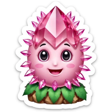 A single cute pink crystal cluster character, chunky round base with many tall rose-pink crystal spikes growing upward like a quartz cluster, faceted and slightly imperfect, on the front of the base a kawaii face with big shiny eyes and a happy open smile very shiny sticker