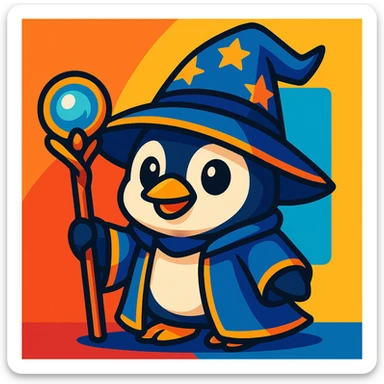 cute penguin dressed as a wizard, with a pointed hat and a magic staff, vibrant cartoon style sticker