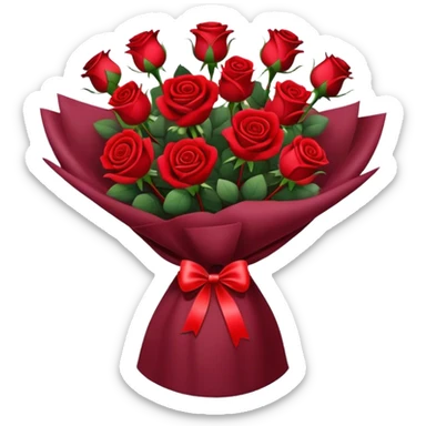 Bouquet of red roses in a burgundy package sticker