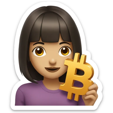 beautiful girl with dark brown hair and bangs hugging bitcoin sticker