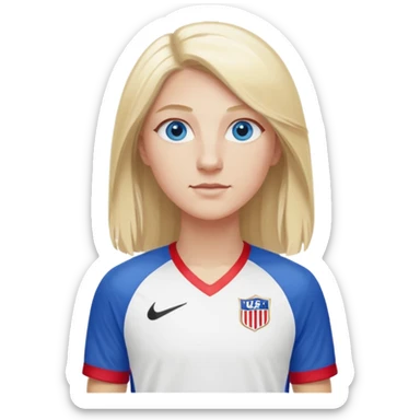 Blond long hair blue eyes tall long lashes wearing a red white and blue jersey that says USA with white shorts and Nike blazers sticker